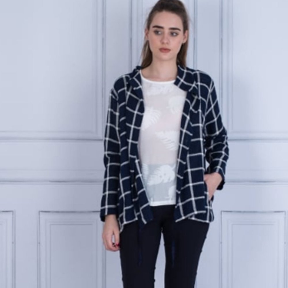 Masai Copenhagen Jaclyn Navy Blue Window Pane Plaid Jacket | Large